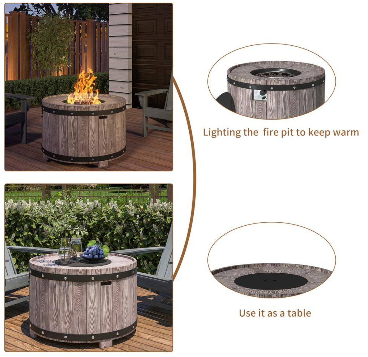 SUNWINE Wine Barrel Concrete Propane/Natural Gas Fire Pit